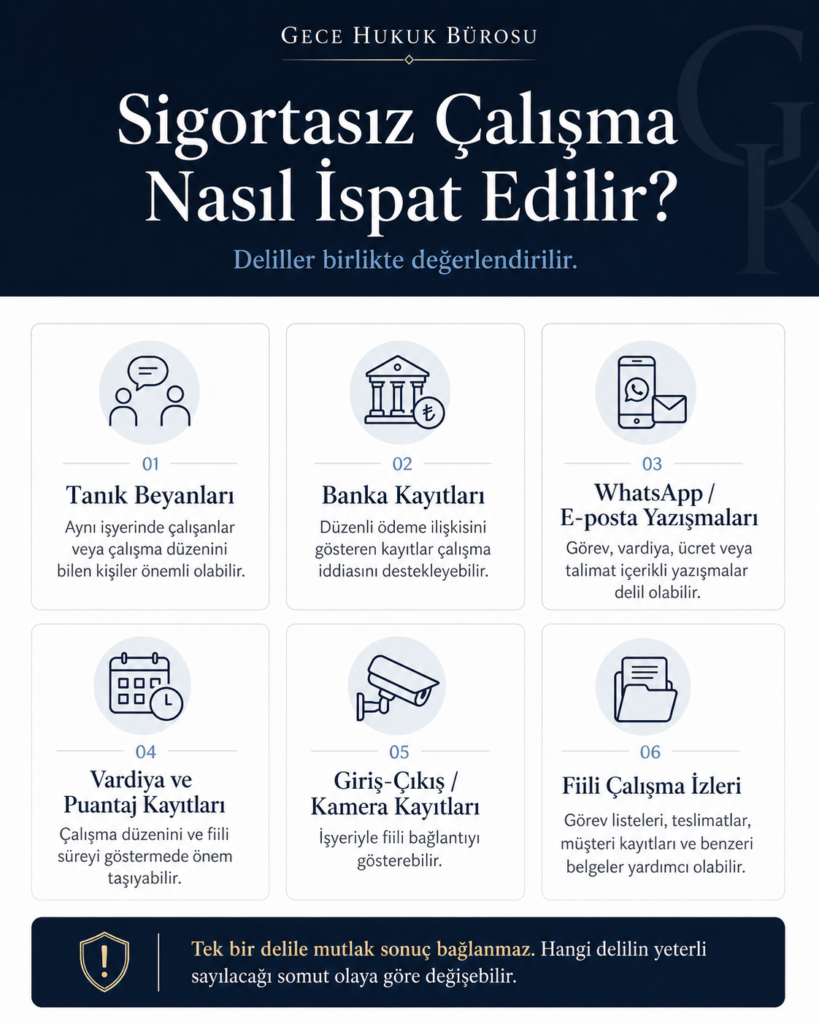 Sigortasız çalışmanın ispatında kullanılabilecek delilleri gösteren infografik