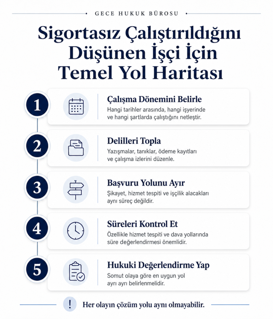 Sigortasız çalıştırıldığını düşünen işçi için temel başvuru adımlarını gösteren yol haritası