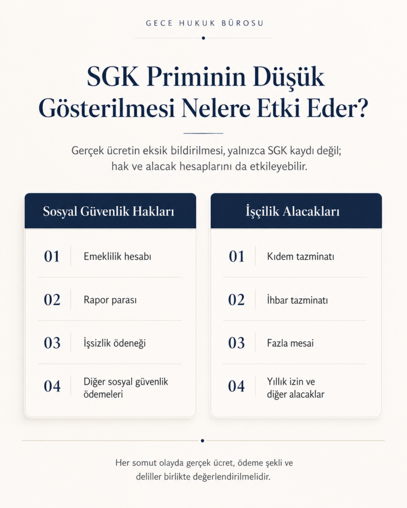 SGK priminin düşük gösterilmesinin sosyal güvenlik hakları ve işçilik alacaklarına etkilerini gösteren infografik.