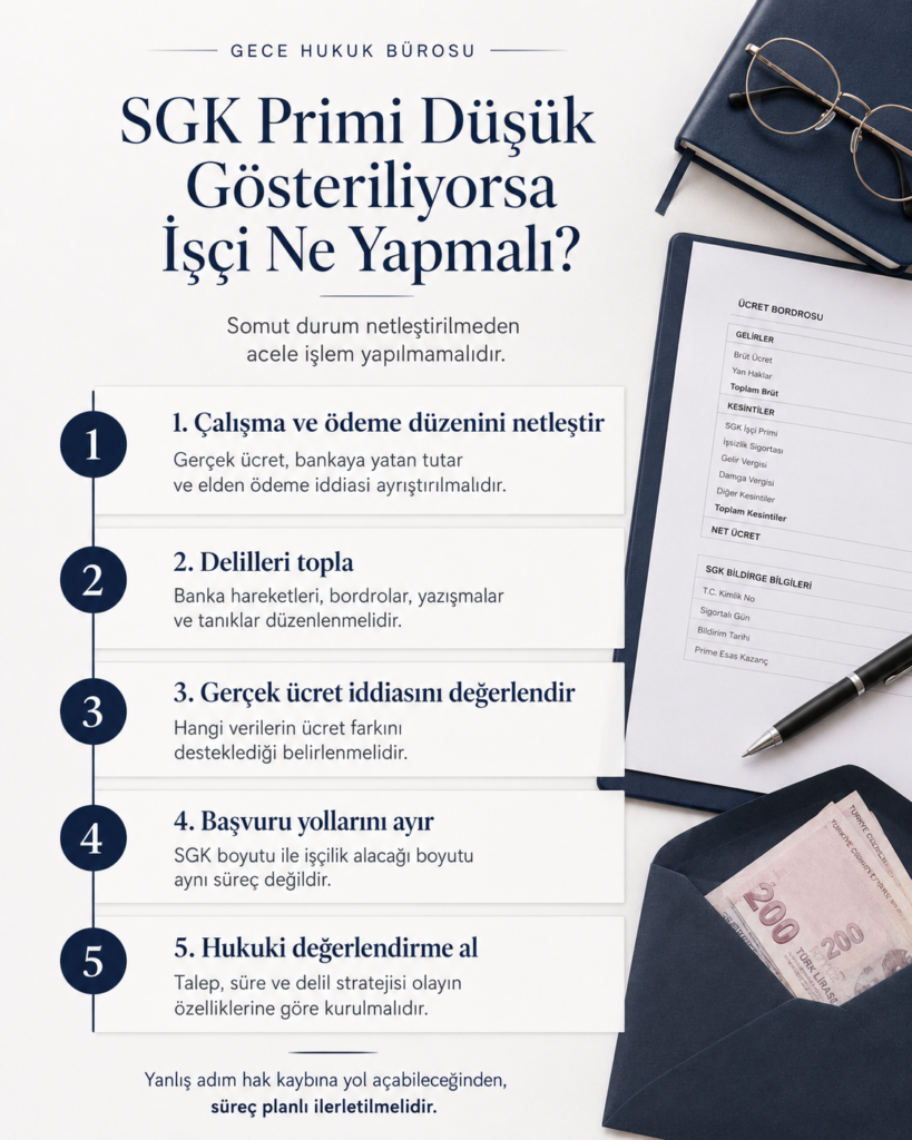 SGK primi düşük gösterilen işçi için delil toplama ve başvuru adımlarını gösteren yol haritası