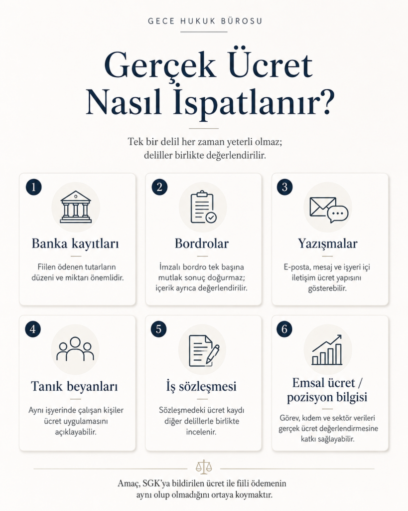 SGK priminin düşük gösterilmesi halinde gerçek ücretin ispatında kullanılabilecek delilleri gösteren infografik