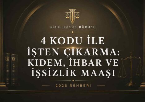 4 kodu ile işten çıkarma halinde işçinin kıdem tazminatı, ihbar tazminatı ve işsizlik maaşı haklarını anlatan Gece Hukuk Bürosu görseli.
