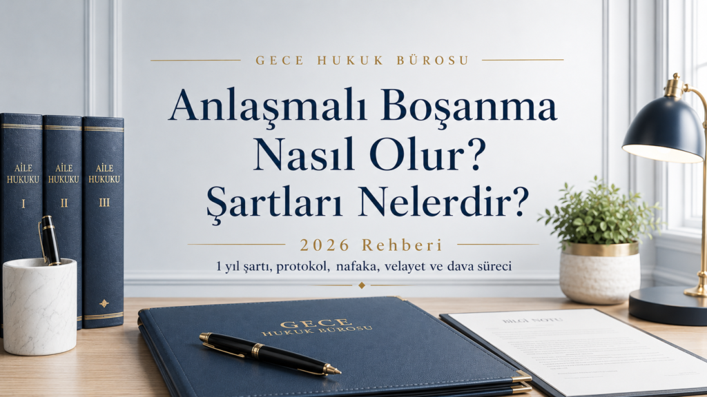 Anlaşmalı boşanma nasıl olur ve şartları nelerdir 2026 rehberi için hazırlanan Gece Hukuk Bürosu kapak görseli