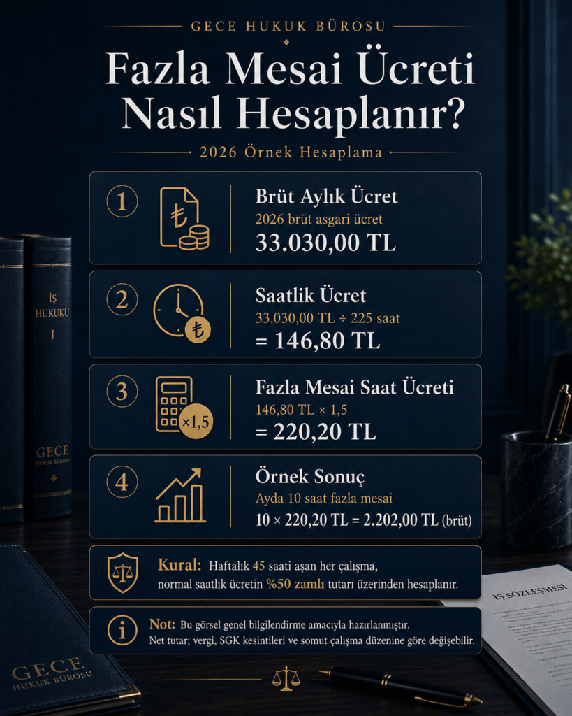 Fazla mesai ücreti hesaplama adımlarını ve 2026 brüt asgari ücrete göre örnek fazla mesai hesabını gösteren infografik