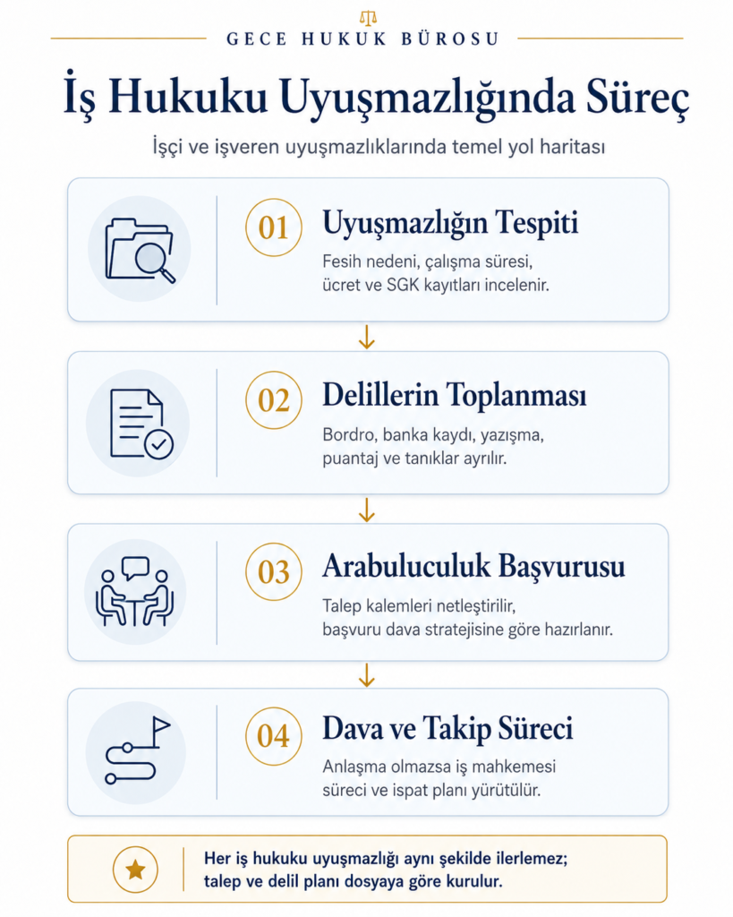 İş hukuku uyuşmazlığında delil toplama, arabuluculuk başvurusu ve dava süreci adımlarını gösteren Gece Hukuk Bürosu infografiği İstanbul İş Hukuku Avukatı