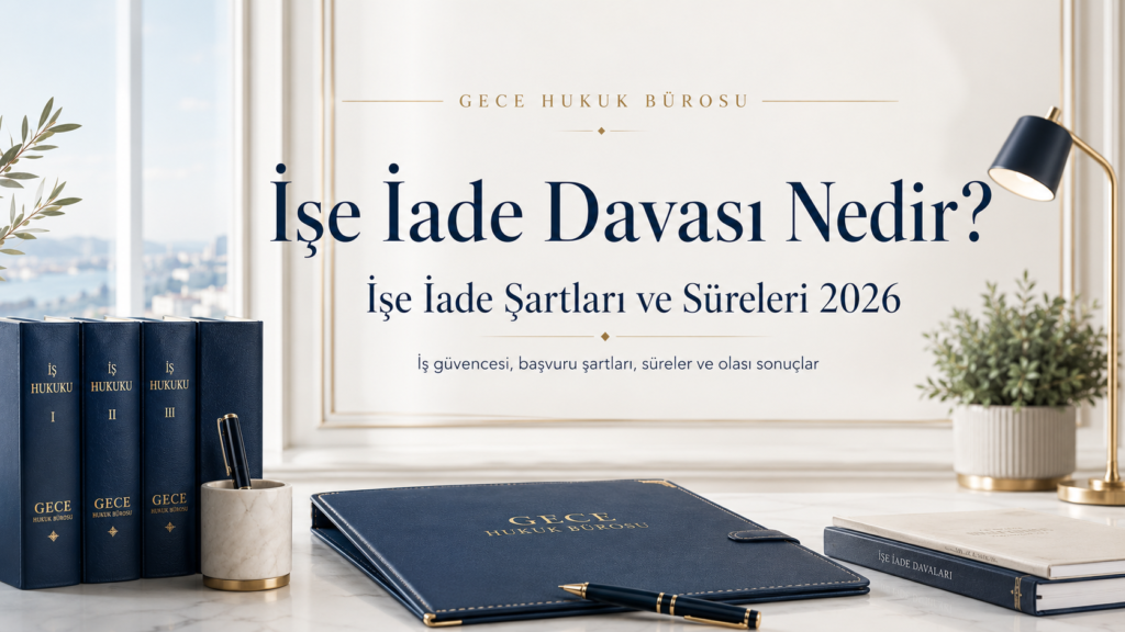 İşe iade davası nedir, işe iade şartları ve dava süreleri 2026 konulu Gece Hukuk Bürosu kapak görseli.